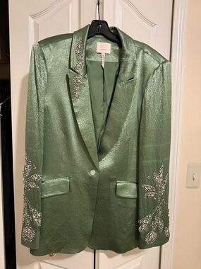 Cinq a sept  Green Satin Blazer with Rhinestone Embellishment